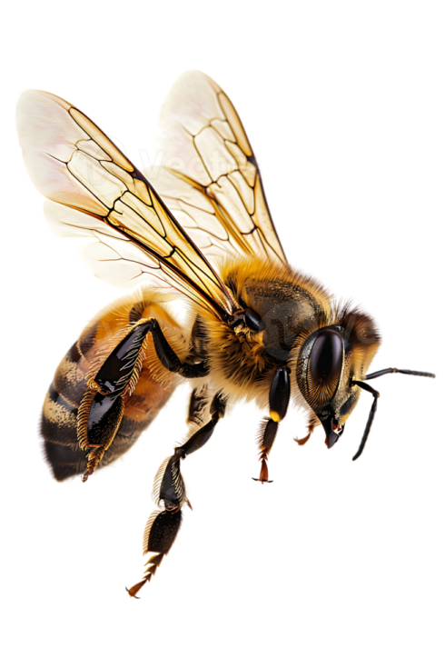 a bee flying in the air on a white background