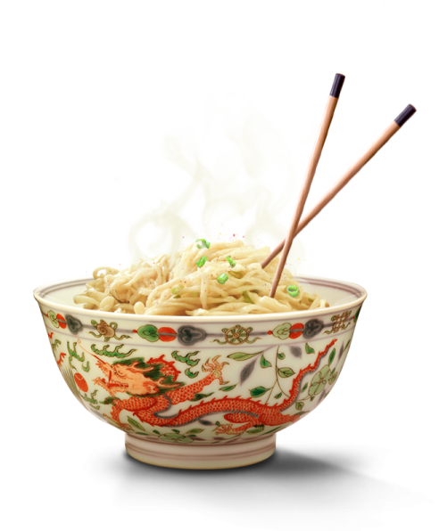 a bowl of noodles with chops in it
