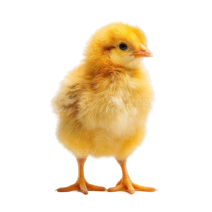 a small yellow chicken standing up against a white background