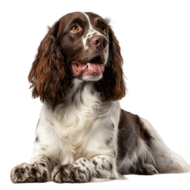 a brown and white dog laying down on the ground