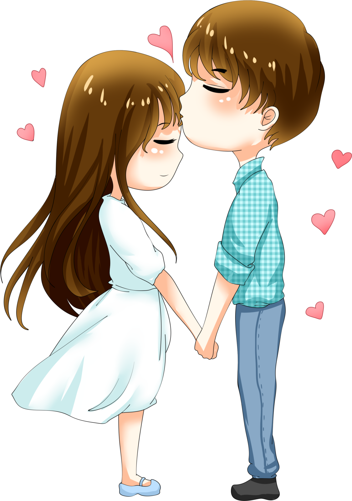 a boy and girl kissing in front of hearts