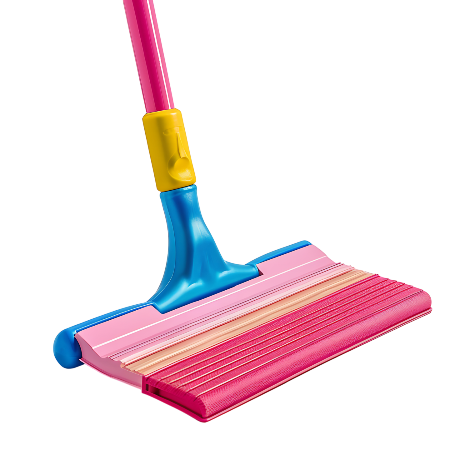 a pink and blue broom with a yellow handle