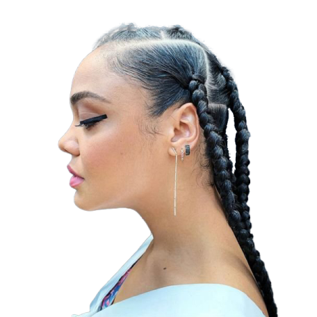a woman with long black hair in a ponytail braid
