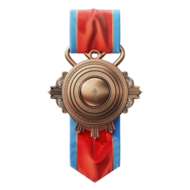 a gold medal with a red ribbon around it