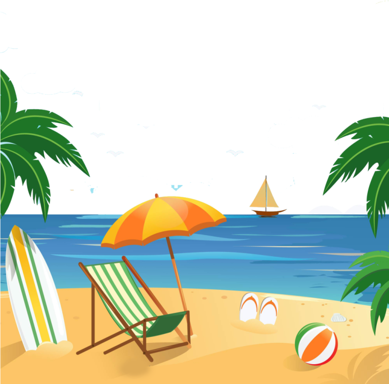 a beach scene with palm trees, chairs and umbrellas