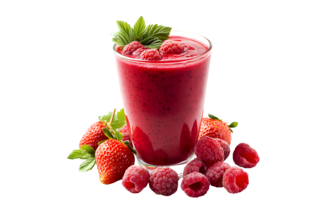 a glass filled with berries and rass
