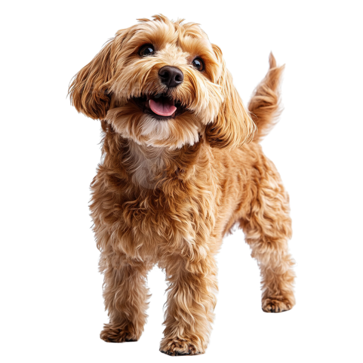 a small brown dog standing on a white background