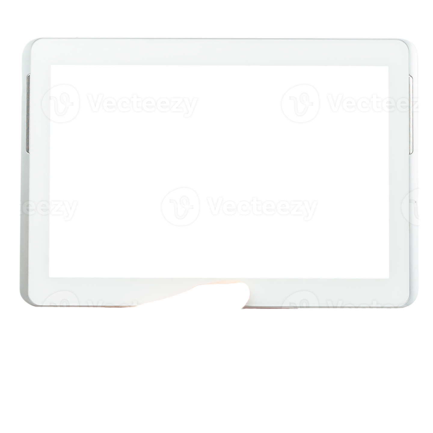 a hand holding an ipad with a white screen