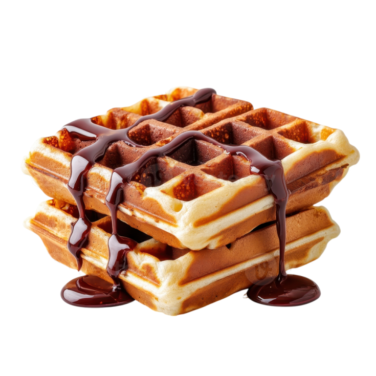 a stack of was with chocolate sauce on top
