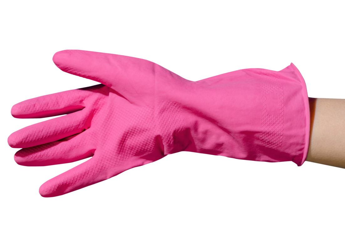 a woman's hand wearing pink gloves