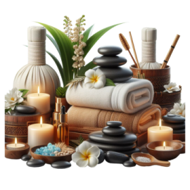 a pile of spa items with candles and towels