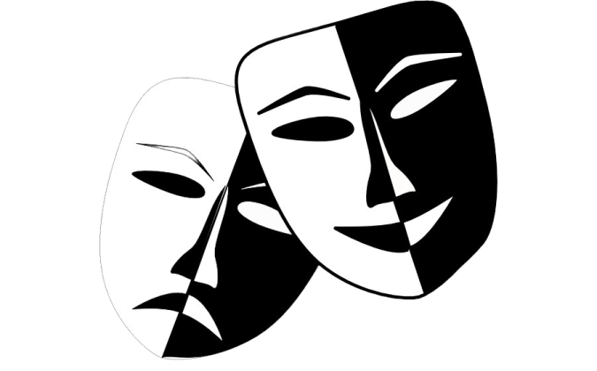 a black and white image of two masks