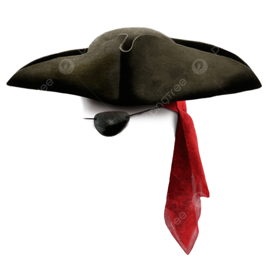 a black pirate hat with a red tie