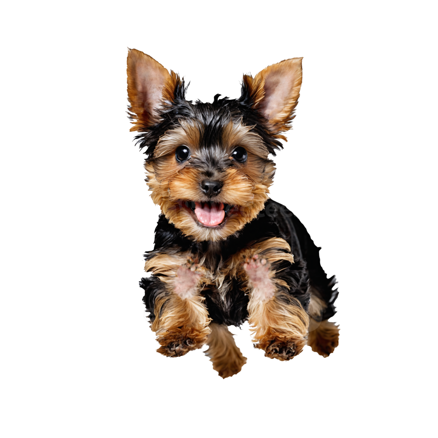 a small black and brown dog with its tongue out