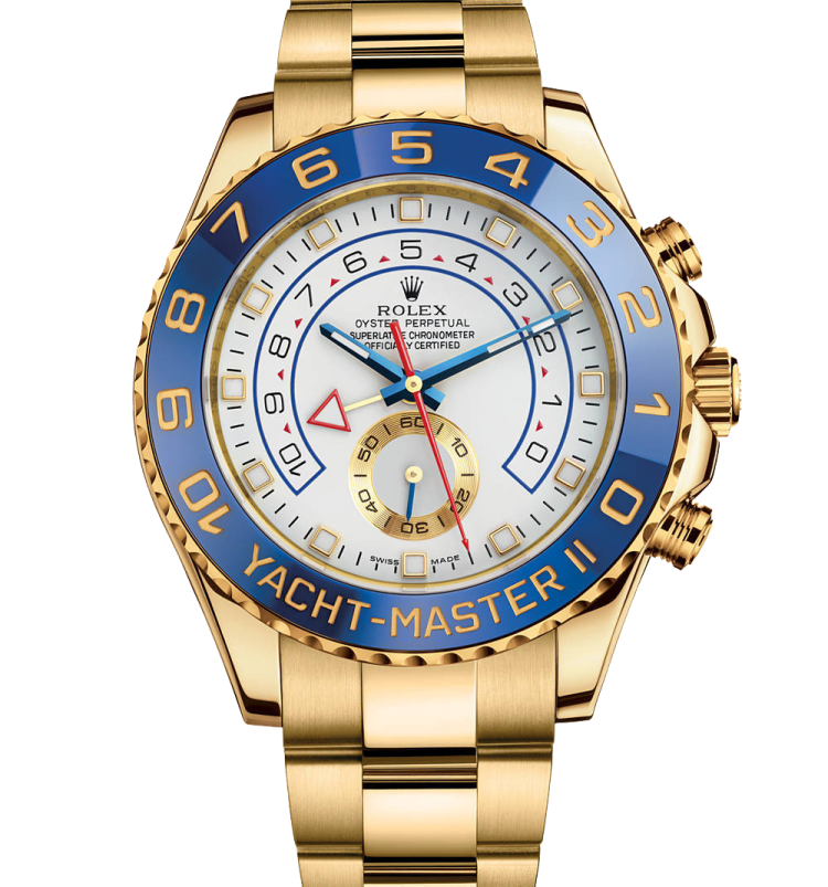 a gold watch with a blue dial