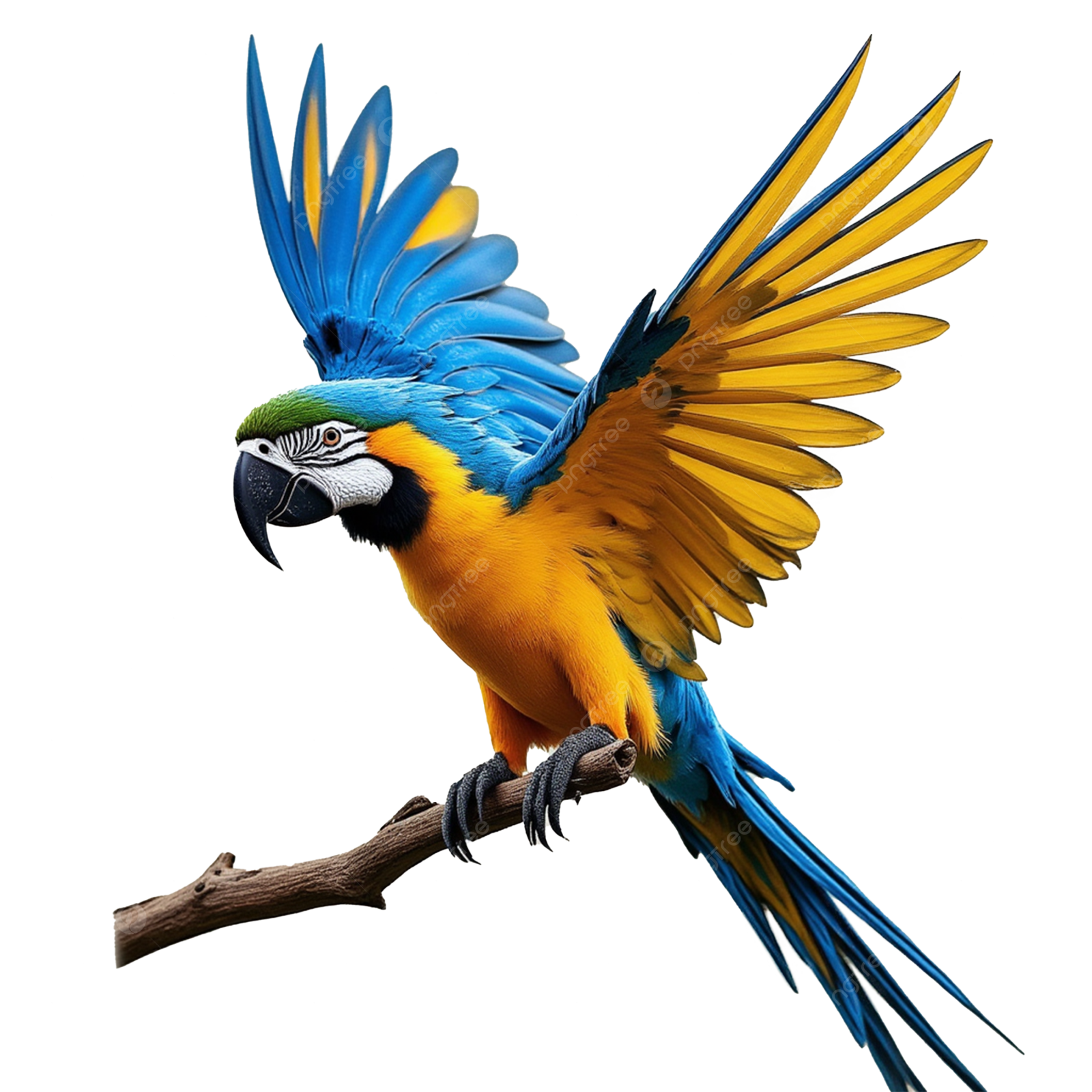 a blue and yellow parrot perched on a branch
