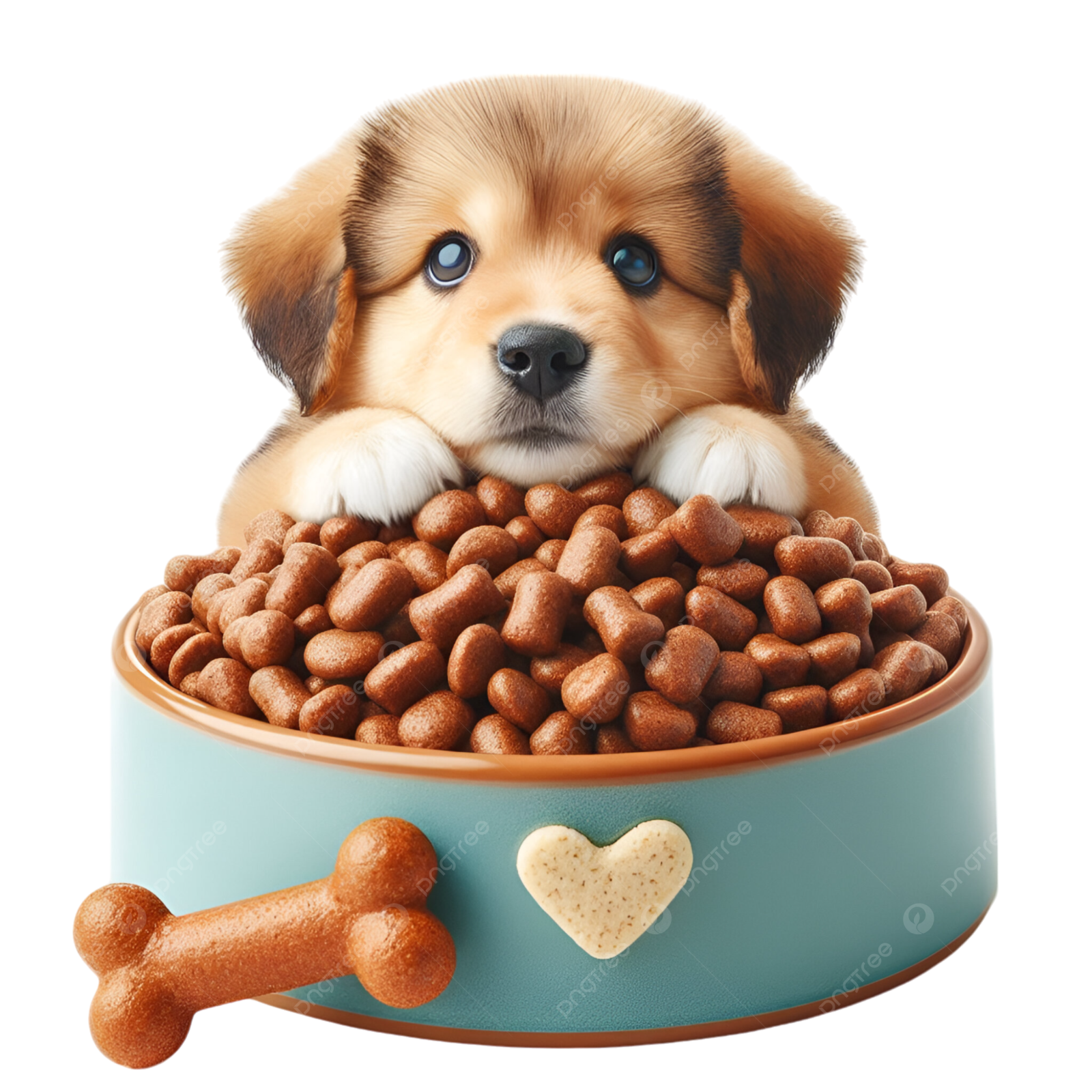 a puppy is sitting in a bowl full of dog food