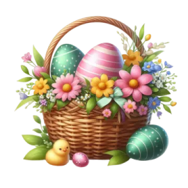 a basket filled with easter eggs and flowers