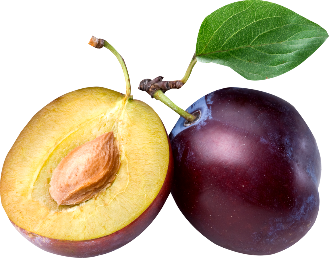 two plums with one cut in half