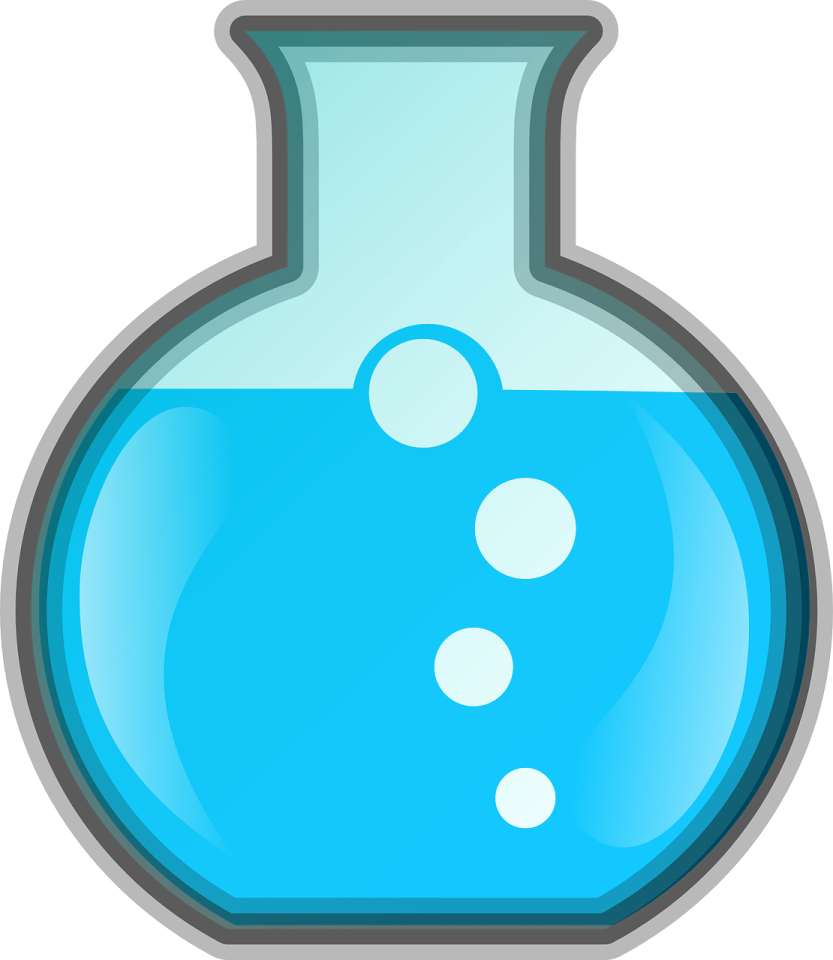 a blue flask with bubbles in it
