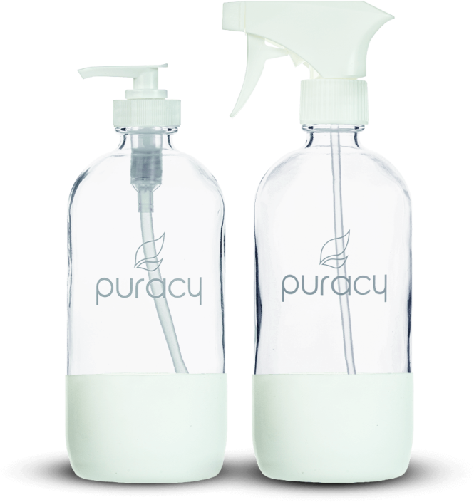 two bottles of liquid and a spray on a white background