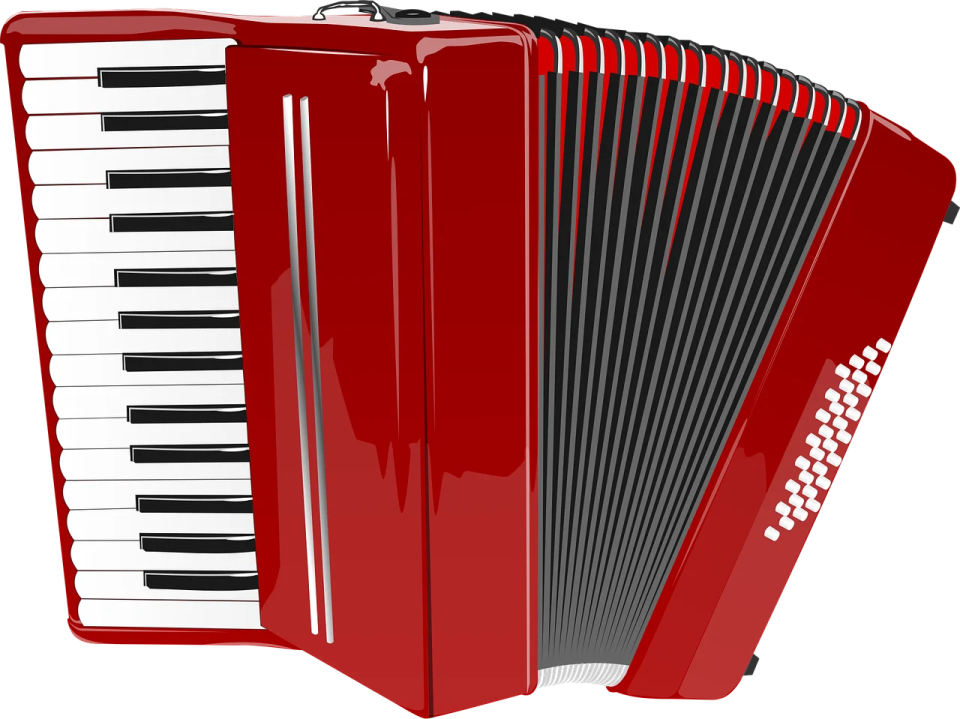a red accordion with white keys