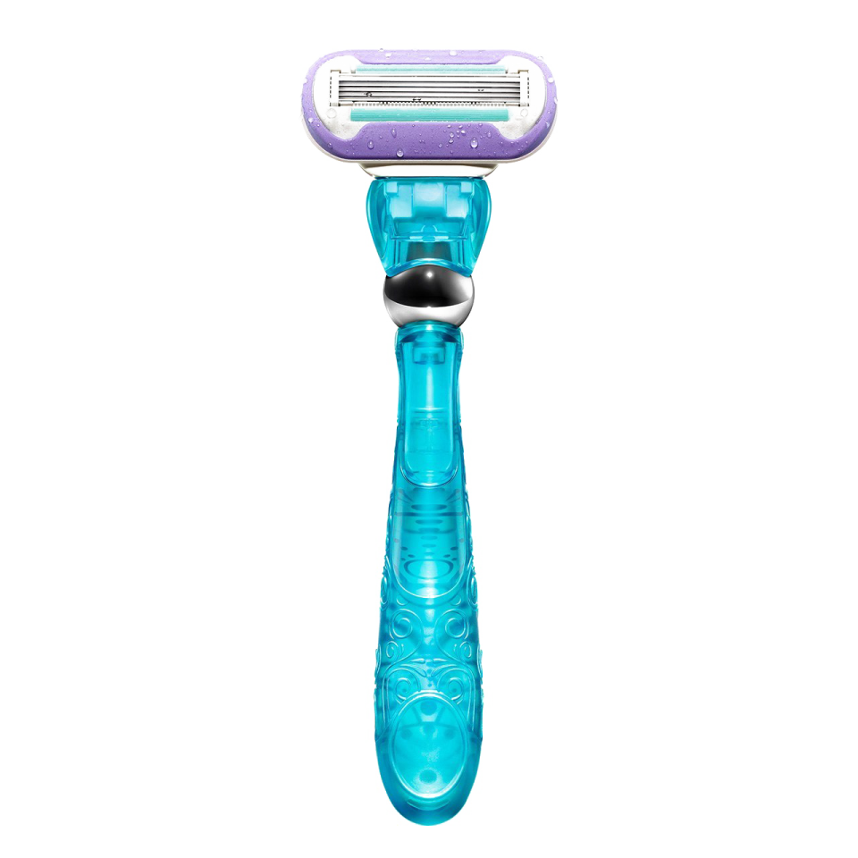 a blue and purple razor on a white background