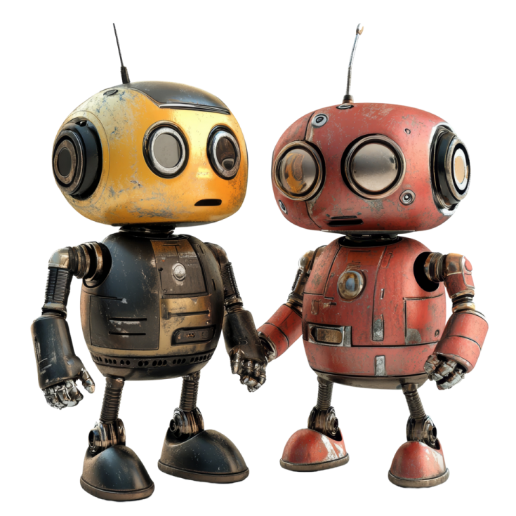 two robots standing next to each other one