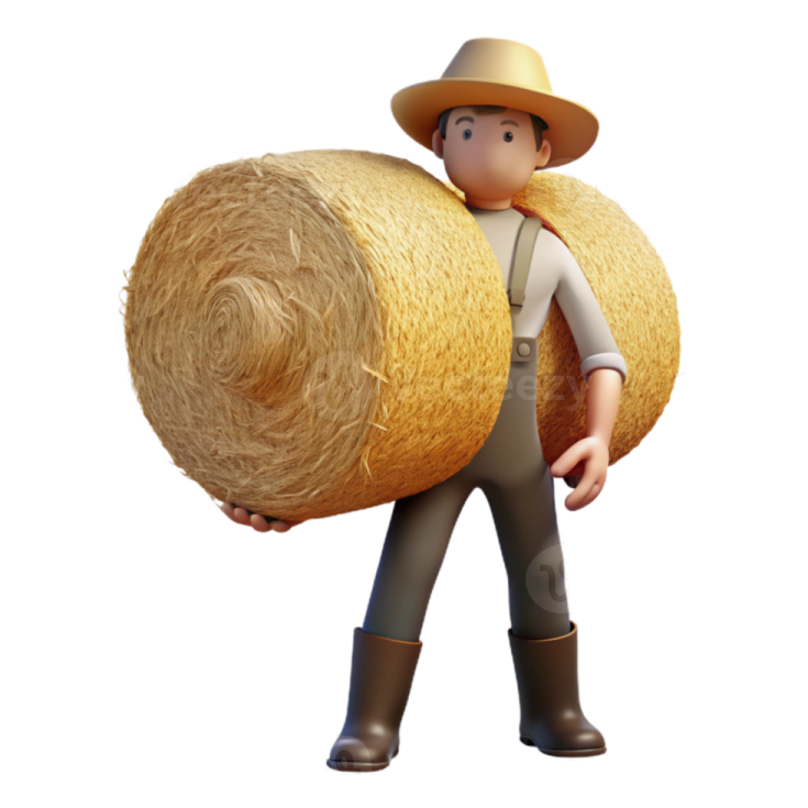 a 3d man carrying a large hay bale