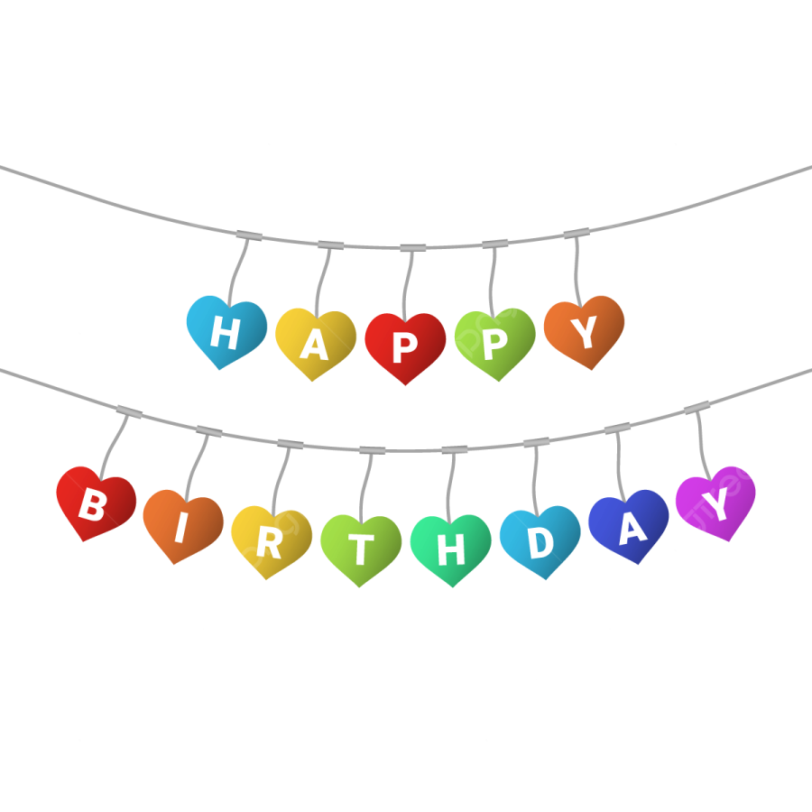 a happy birthday card with colorful hearts hanging on a string