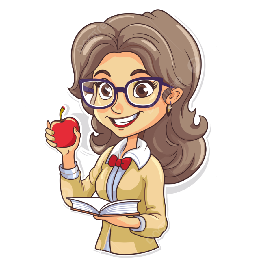 a cartoon girl with glasses holding an apple