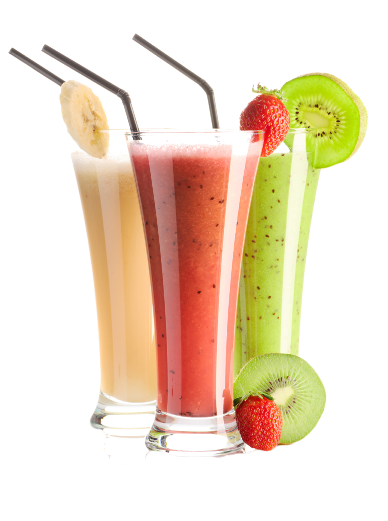 two glasses of fruit and a banana on a white background