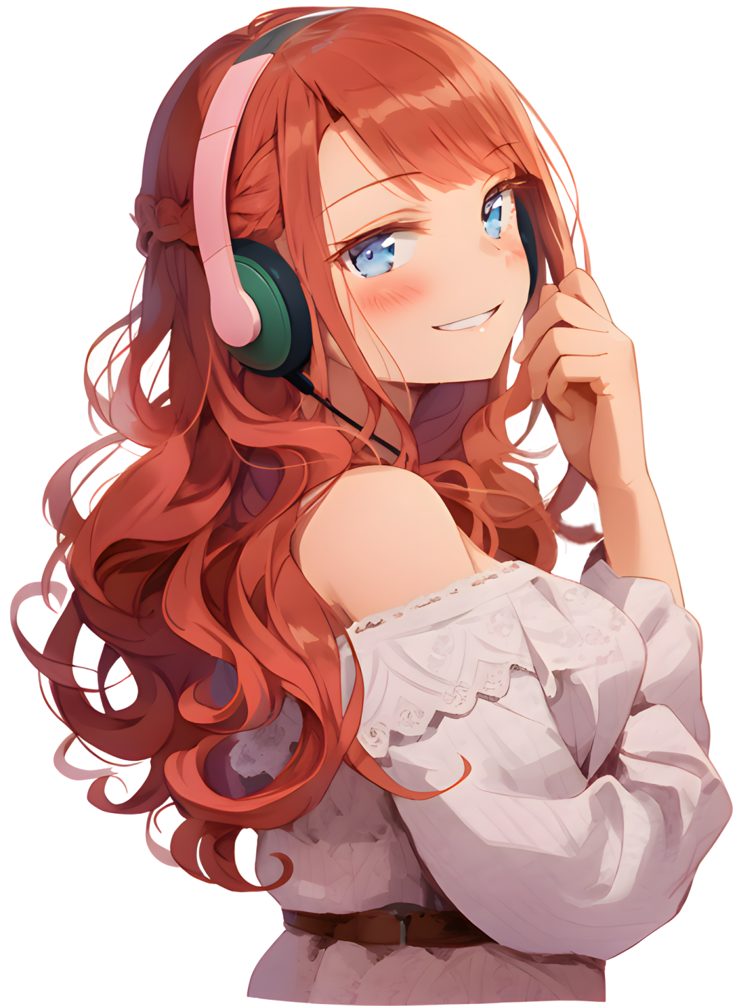 a girl with long red hair wearing headphones