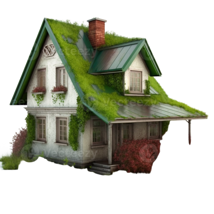 a small house with a green roof