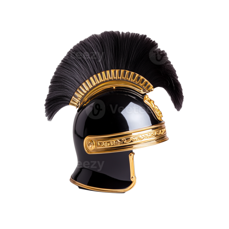 a black and gold helmet with feathers