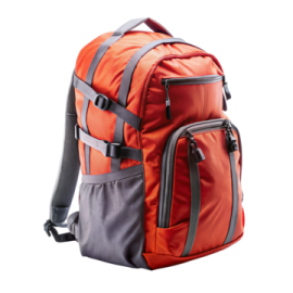 an orange backpack with grey straps