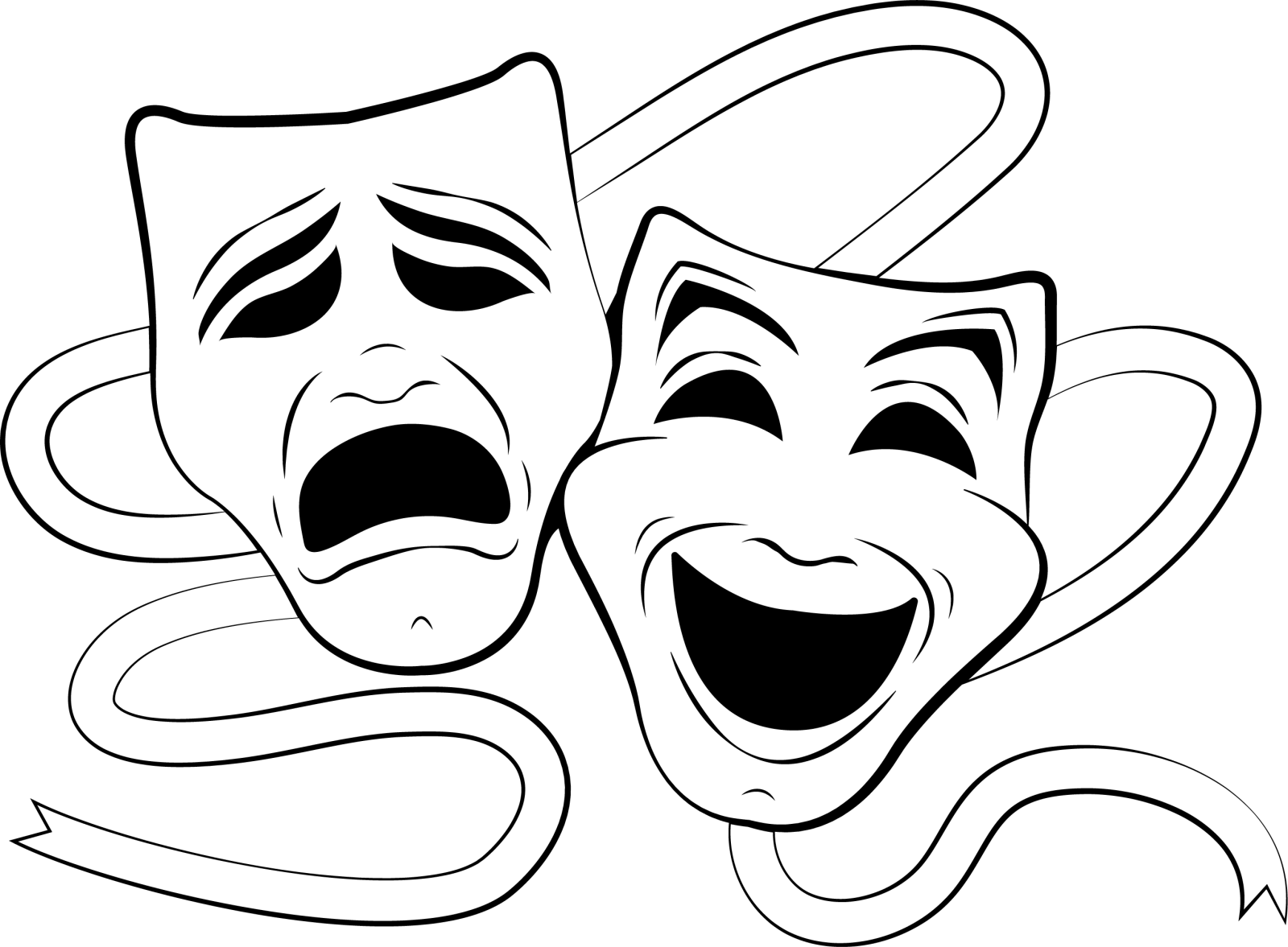a pair of comedy masks in black and white