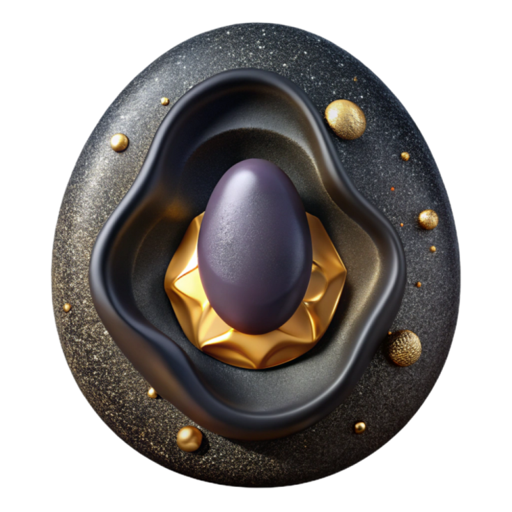 an egg in the center of a black and gold egg