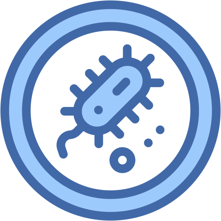 a blue and white icon of a virus in a circle