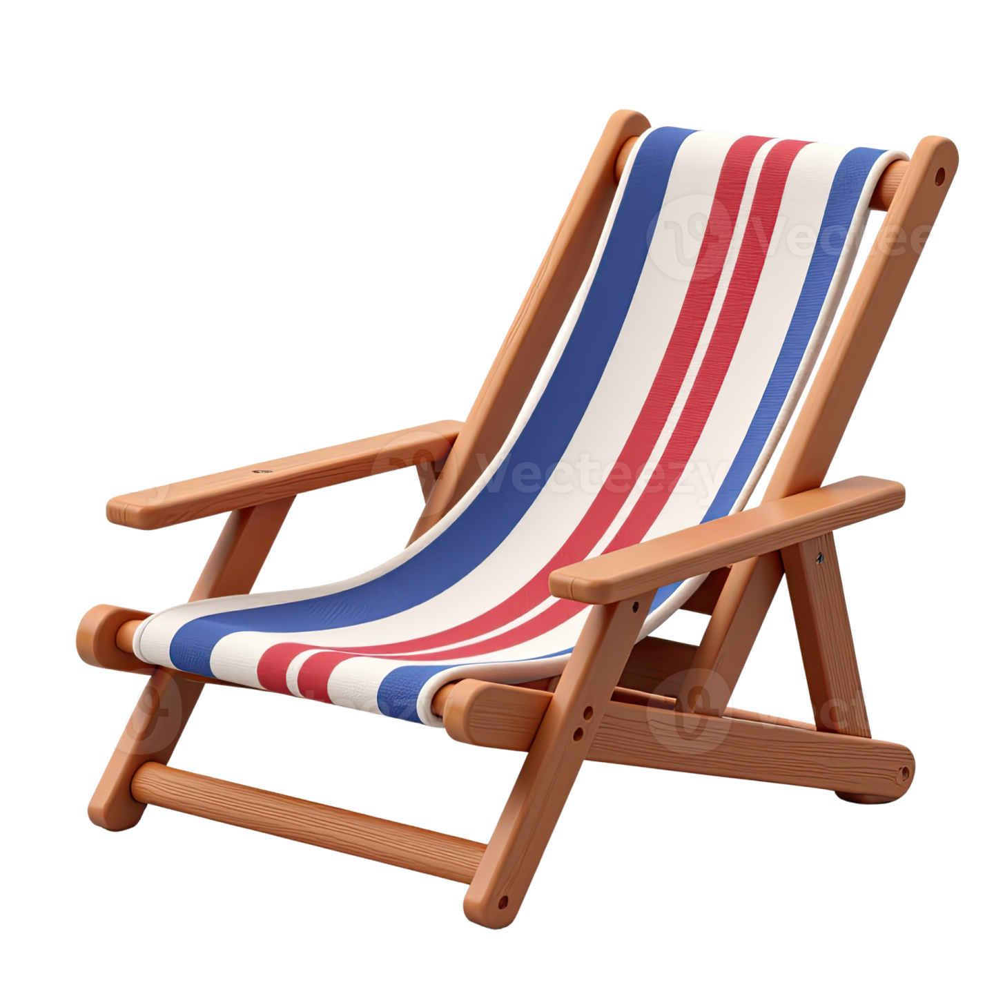 a wooden deck chair with red, white and blue stripes