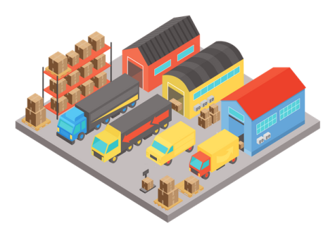 an illustration of a warehouse with boxes and trucks