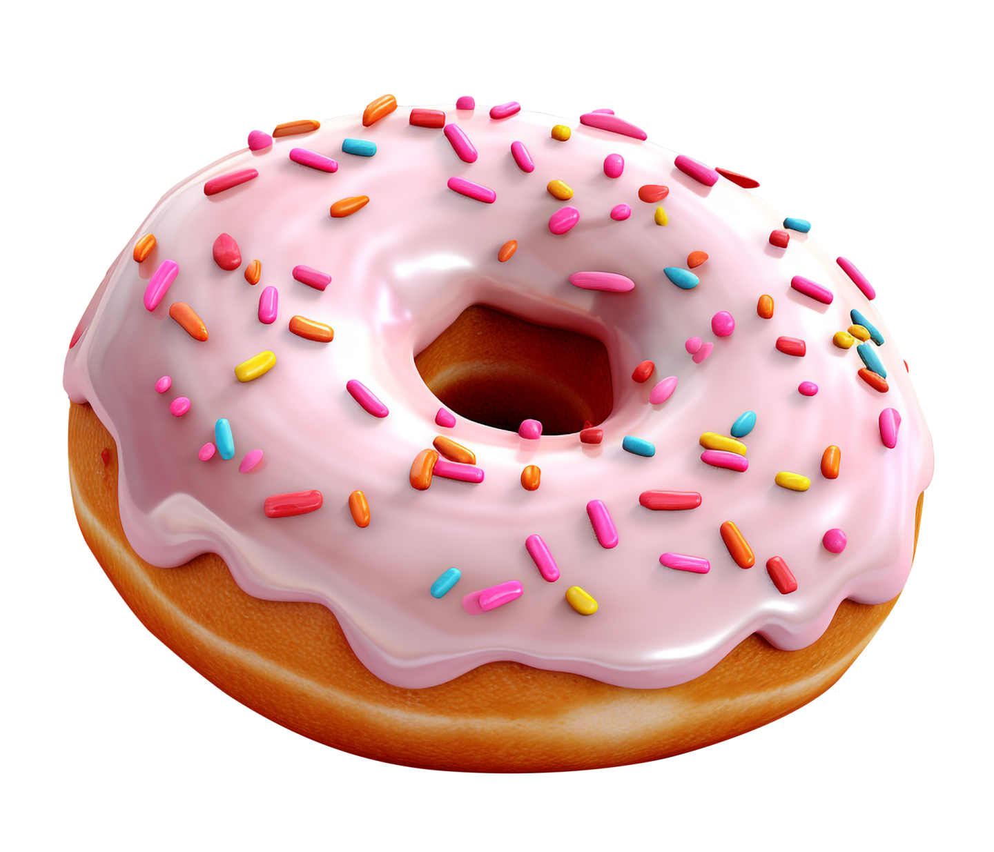 a donut with pink frosting and sprinng