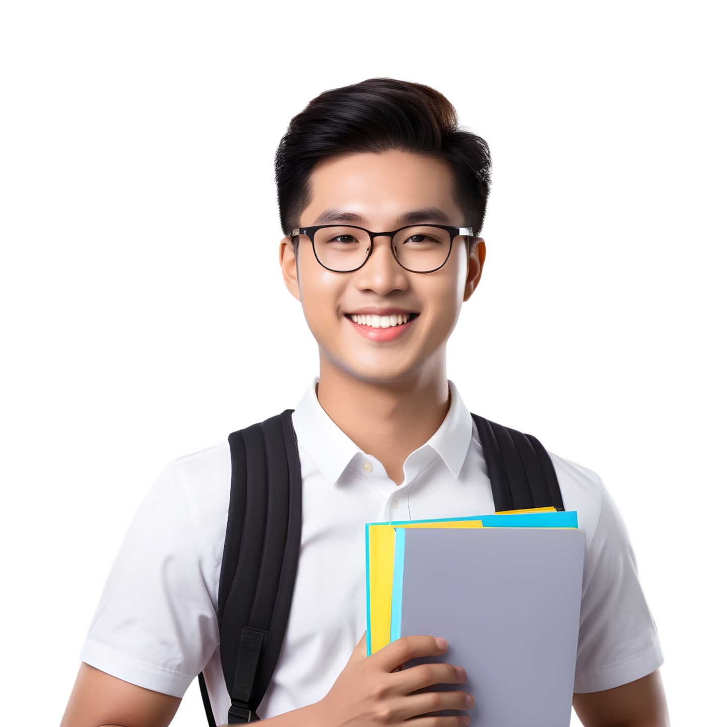 a young man in a school uniform holding a book and smiling at the camera