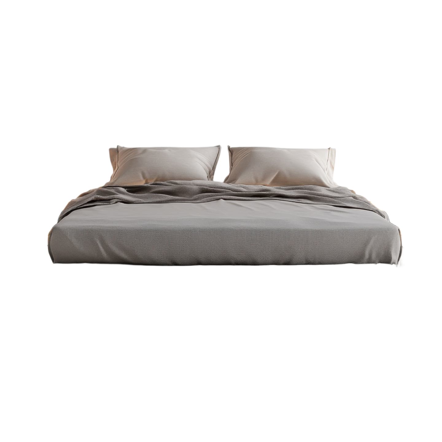 a bed with grey sheets and pillows on it
