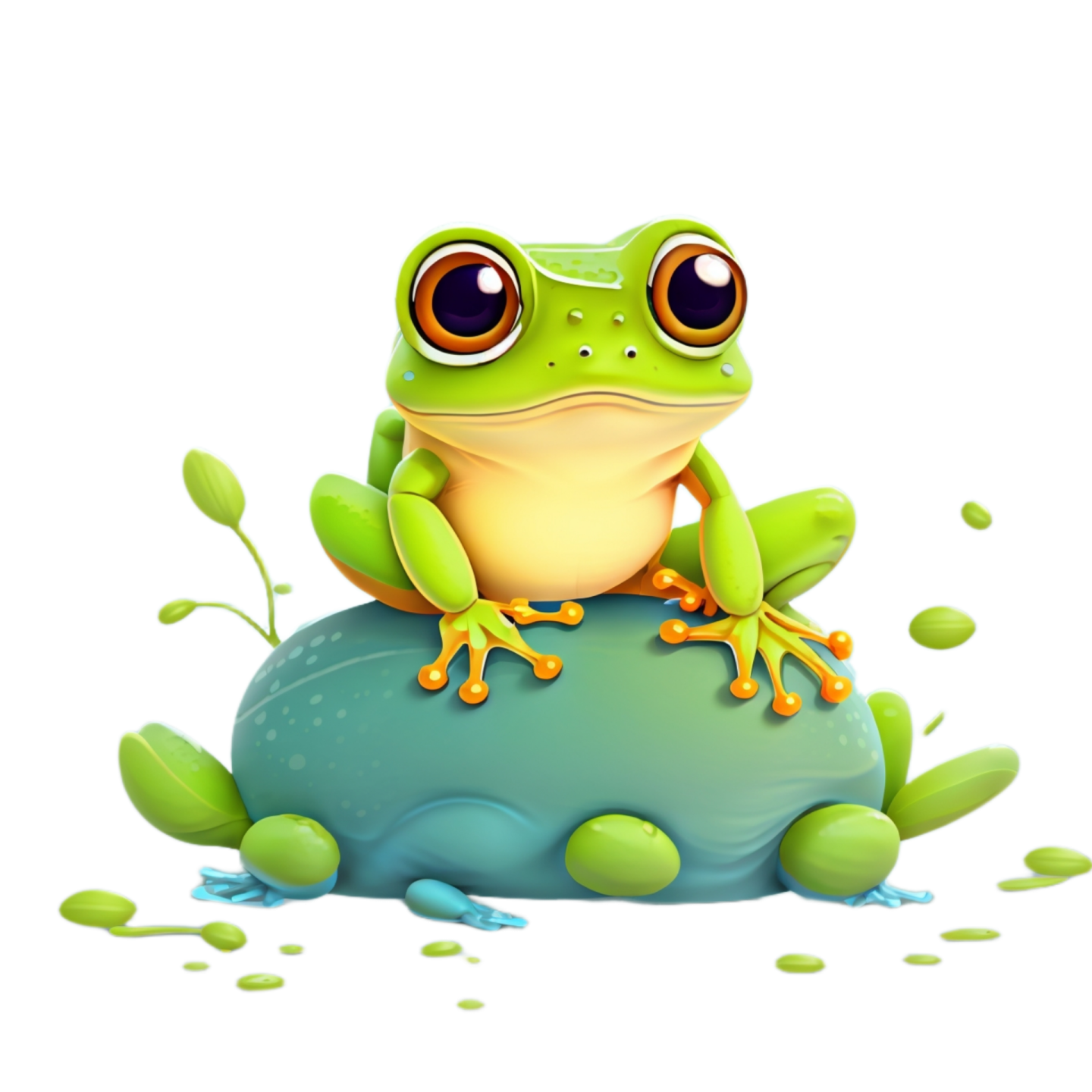 a green frog sitting on top of a blue ball