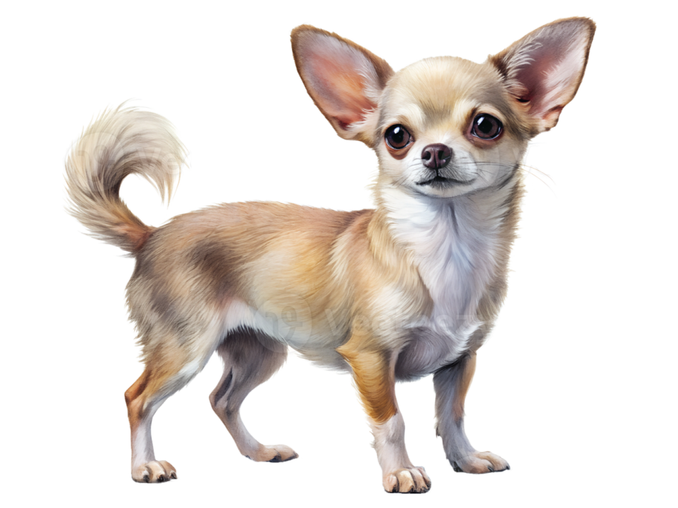 a small chihuahua dog standing on a white background
