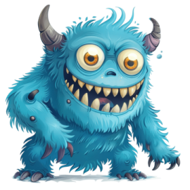 an illustration of a blue monster with big eyes and horns