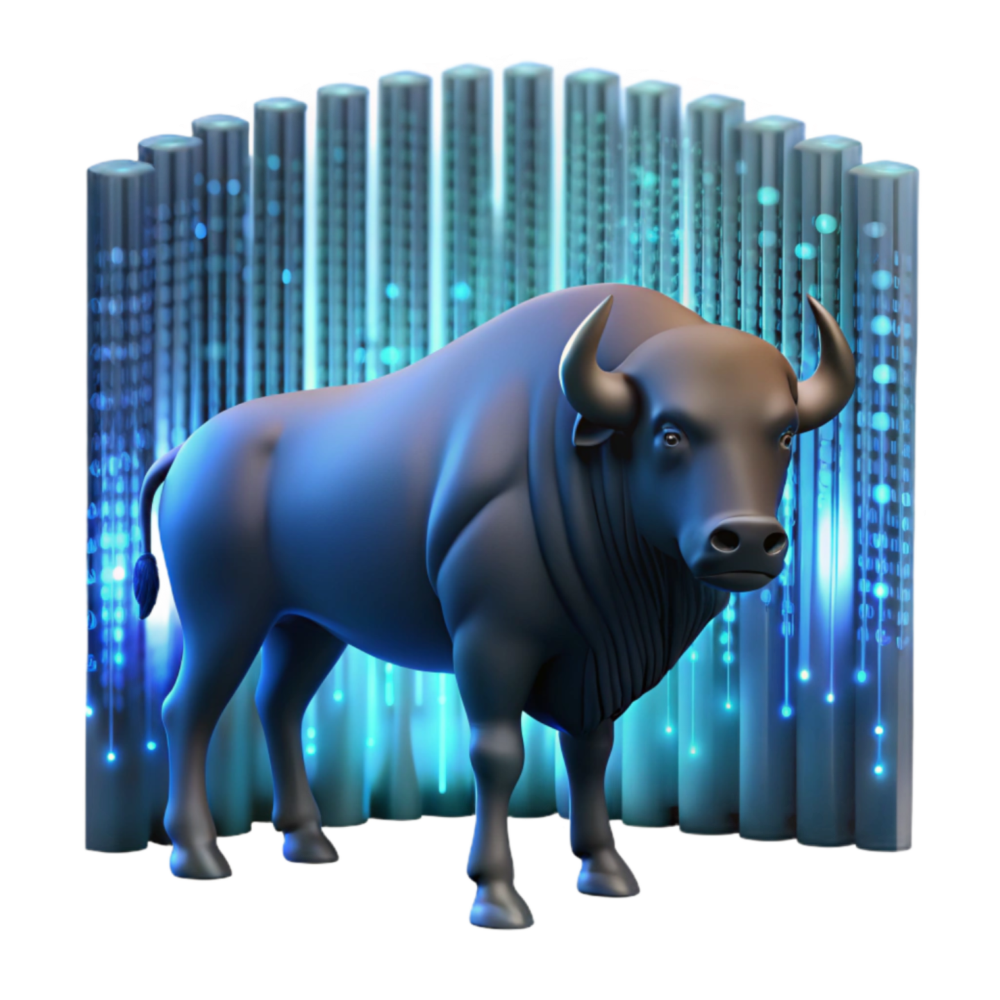 a bull standing in front of a city skyline