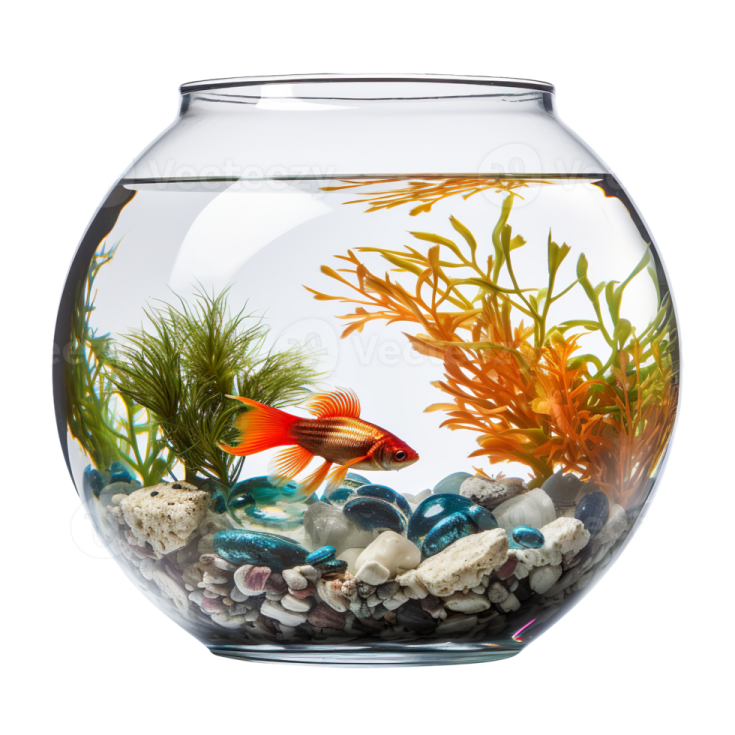 a fish in an aquarium filled with rocks and plants