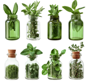 a collection of mason jars filled with herbs
